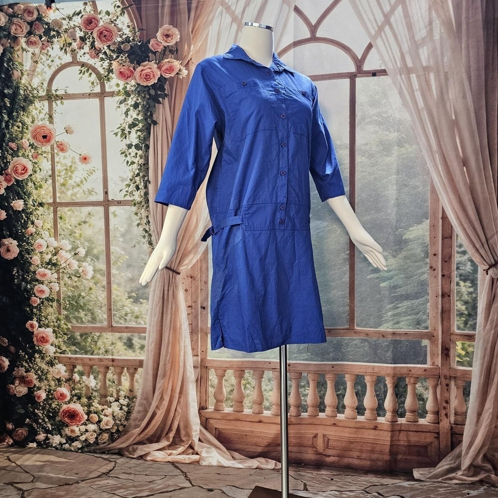 Vintage 1980s Dress Royal Blue Drop Waist Long Sleeve Button Down Collared - Picture 15 of 16